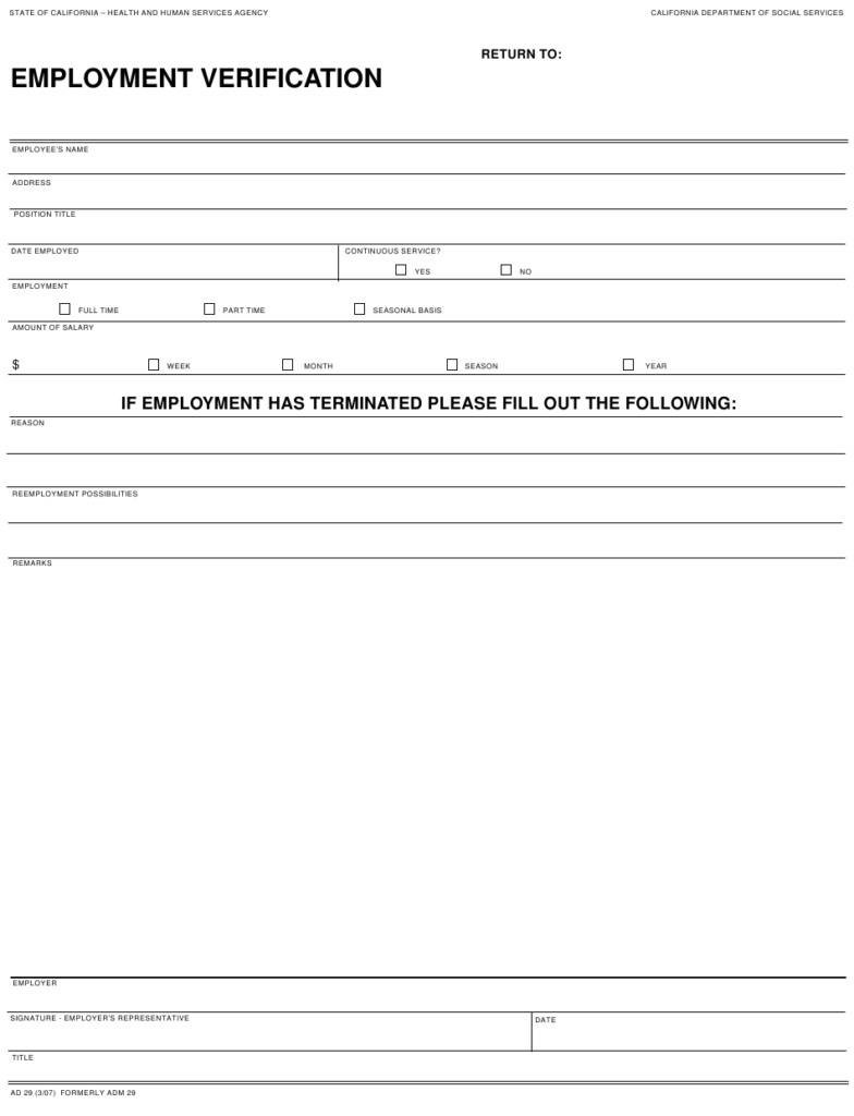 Form AD29 Download Fillable PDF Or Fill Online Employment Verification 