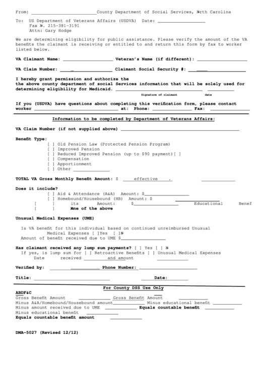 Form Dma 5027 North Carolina Department Of Social Services Printable 