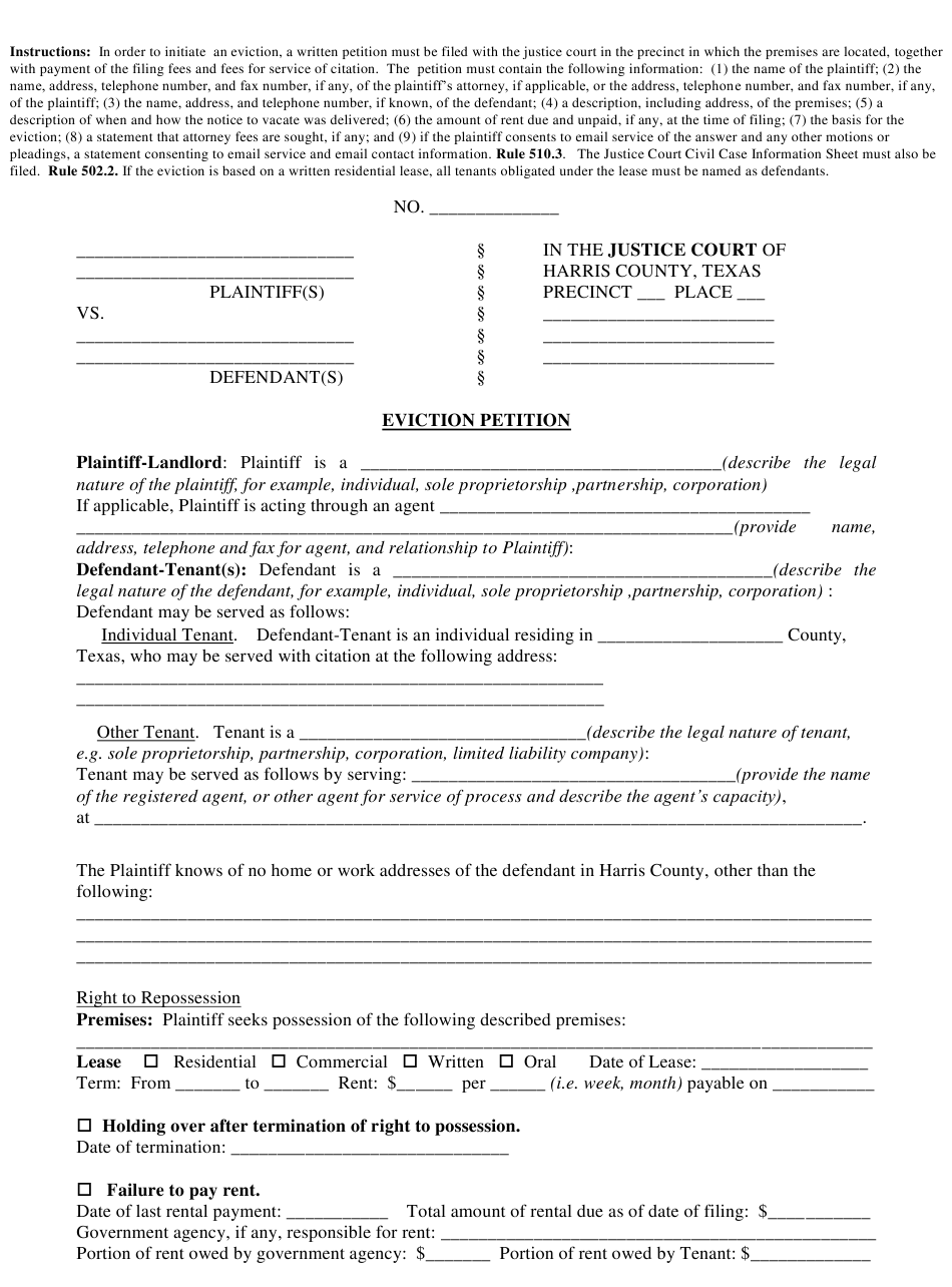 Harris County Texas Eviction Petition Form Download Printable PDF Harris County Texas Eviction Petition Form Download Printable PDF